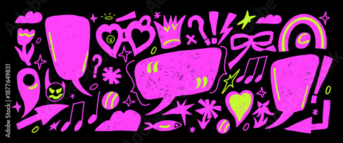 Speech bubble neon markers doodles. Hand drawn girly text boxes with decorative scribbles. Funky crayon pencil devil, callout shapes. Vector textured talk frames. Crown, stars, arrows on background.