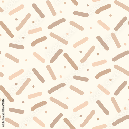 Beige small dash monochrome seamless pattern. Abstract brown baby sprinkles background. Simple confetti repeated wallpaper. Short lines vector surface design. Simple repeat spots illustration design.