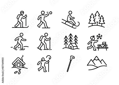 Winter Activity Icons. Outdoor winter fun. Line icon set of Outdoor winter fun: ski trip, snowball toss, sledding hill, frozen lake, snowshoe trail, pine