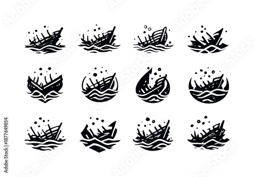 Sunken Ship Icons. sunken ships. Icon set. Set Logo of sunken ships: skeletal frame of ship. harmonious logo variations of the same emblematic concept, each