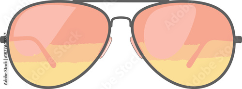 Stylish aviator sunglasses reflecting a warm sunset, perfect for summer fashion graphics.