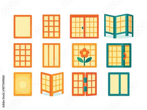Colorful Shoji Icons. Japanese shoji screens. Colorful flat vector icons set of Japanese shoji screens: rice paper panel, wooden lattice frame, sliding shoji,
