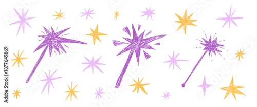 Sketchy star and magic wand collection with glitter dust. Cute doodle icons for girly stickers, baby shower, and enchanting fairy tale backgrounds in vector format. Crayon twinkles Christmas firework.