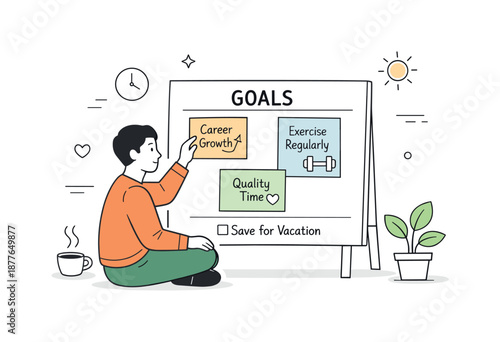 Balanced Goal Setting. Setting realistic goals. Person balancing ambition and wellbeing, placing a few key goals on a simple board. Calm confidence and