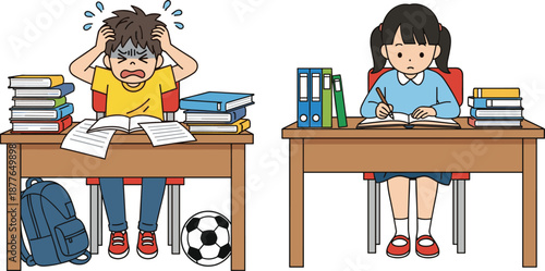 School Children Studying at Desks, Stressed Boy and Focused Girl Learning, Education Concept Illustration Showing Homework, Books and Classroom Study Environment