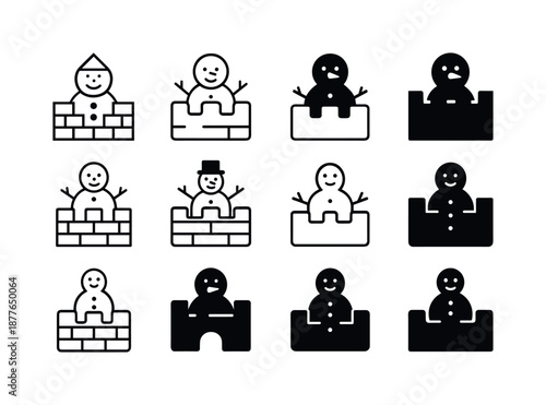 Snowman Contest Icons. Snowman-building contest and snow activities. Icon set. Set Logo of Snowman-building contest and snow activities: snow fort wall.