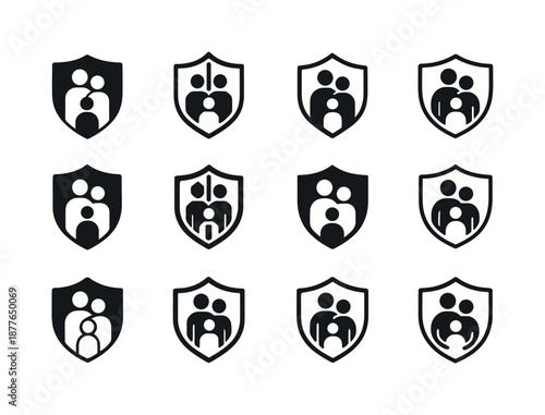 Family Support Icon Set. Family support systems in times of crisis. Icon set. Set Logo of family support systems in times of crisis: protective shield around