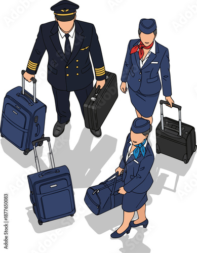 Create a Top view image of an aircrew with their travel bags standing and waiting vector art with white background..