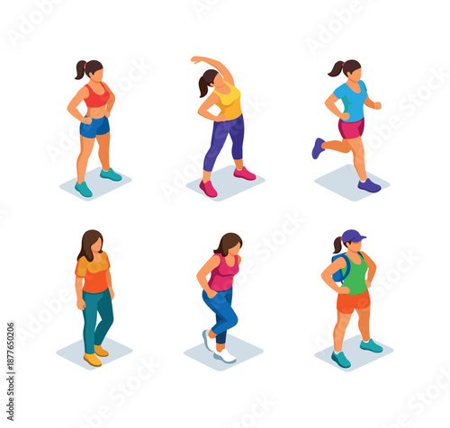Isometric Women Silhouettes. Women characters silhouettes. Isometric flat vector icons set of women characters silhouettes: athletic woman silhouette, woman