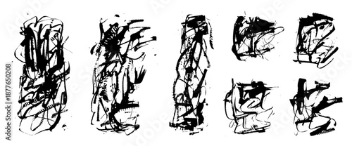 Grunge ink brush stroke background texture set. Dynamic abstract black backdrop design elements. Hand drawn gritty patterns, energetic splashes for posters. Vector template bg rectangle scribbles.