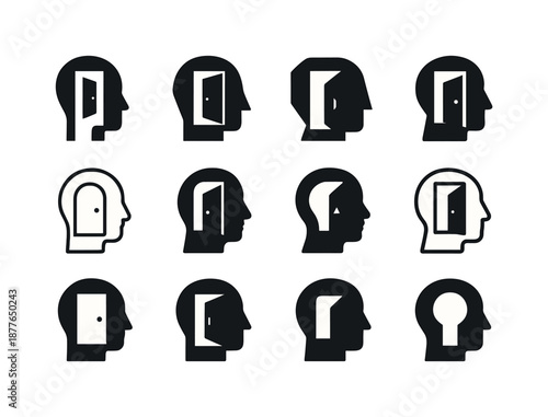 Positive Thinking Icons. Positive thinking and mindset shifts. Icon set. Set Logo of Positive thinking and mindset shifts: Open door in silhouette: Negative