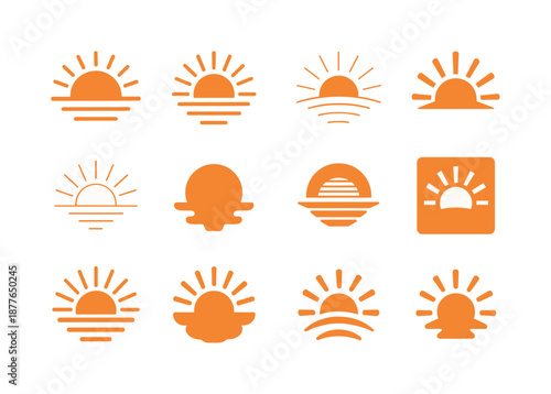 Sunset Icon Variations. Sunset. Icon set. Set Logo of sunset: radiant sun beams icon. harmonious logo variations of the same emblematic concept, each with