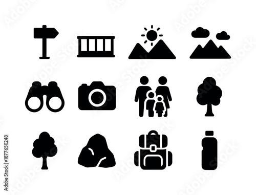 Family Scenic Icons. Family scenic overlook. Solid icon set of family scenic overlook: viewpoint sign, railing, mountain silhouette, sun icon,