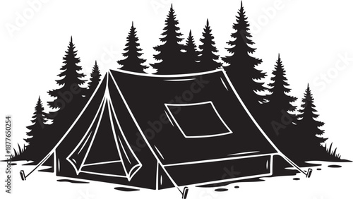 Camping in the woods with a black tent illustration