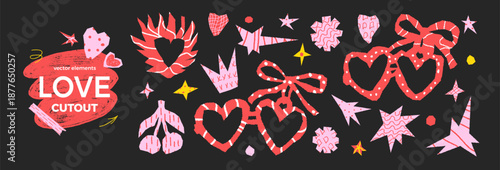 Love, wedding paper cutouts symbols. Heart in a fire, crayon frames stickers. Scrapbook romantic punk doodle torn elements for Valentine scrawl design. Vector scribble collage stickers isolated no bg.