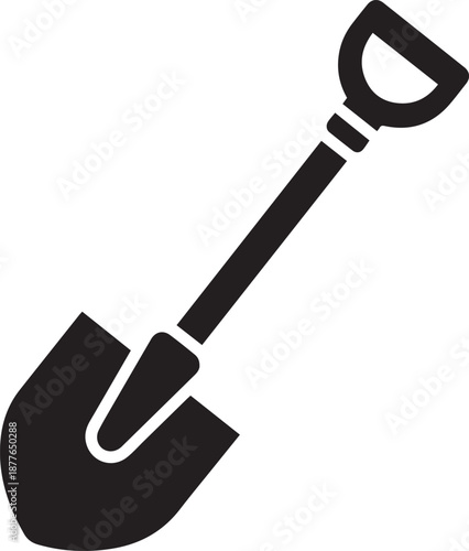 Simple black shovel icon representing digging and gardening tools and equipment