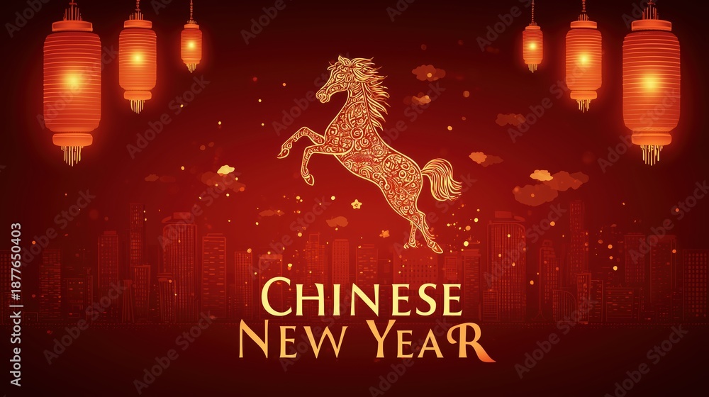 Naklejka premium Chinese New Year celebration with a leaping horse and city skyline