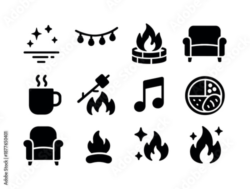 Evening Gathering Icons. Evening gathering. Solid icon set of evening gathering: twilight sky, string lights, backyard fire pit, casual seating, hot drink