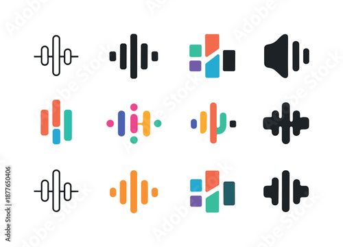 Sound-inspired Abstract Icons. Abstract shapes and colors representing sound. Icon set. Set Logo of abstract shapes and colors representing sound: frequency