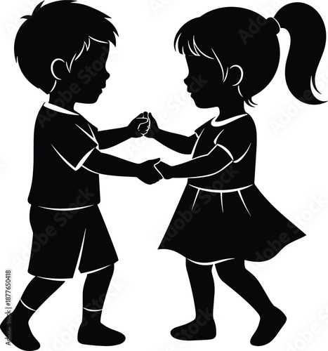 Silhouette of boy and girl holding hands and dancing, childhood friendship concept, playful kids, love, innocence, togetherness, vector illustration, black and white