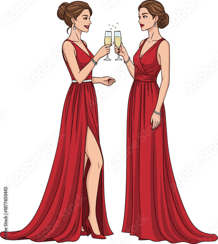 Create a Two elegant women in long red evening gowns attending a party and drinking champagne, vector art with white background.
