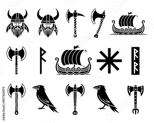 Collection of Viking themed icons in black silhouette featuring warriors, ships, axes, runes, and ravens for Norse mythology design, history projects, tattoos, and graphic illustration use.