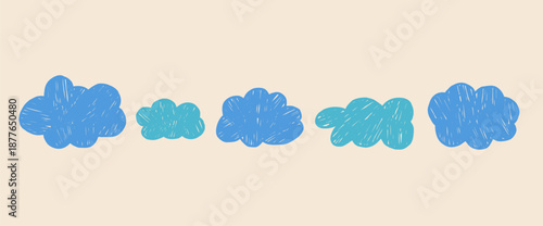 Hand-drawn crayon clouds. Set of doodle sky elements. Freeform kid scribble cloud figures. Promo callouts irregular blob. Pastel chalk text boxes. Vector illustration isolated on beige background.