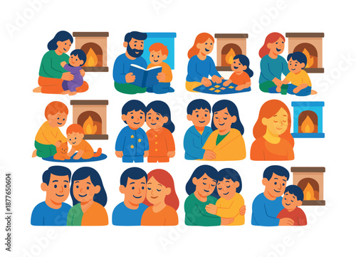 Family Fireplace Moments. Family fireplace time. Colorful flat vector icons set of family fireplace time: parent with child, shared storytime, laughter by