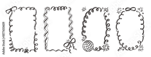 Gothic lace ink whimsical frames. Coquette Bachelorette borders with bows set. Ribbon and lace squiggle menu cadre. Vector wedding naive frame isolated on white background.