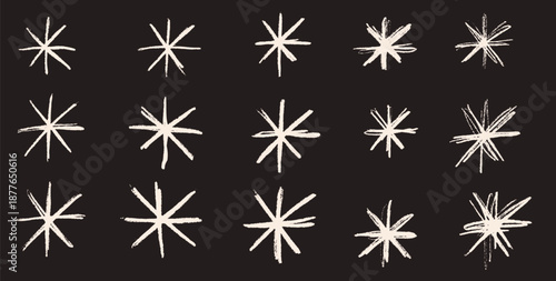 Snowflakes chalk drawn shape sign. Asterisk irregular elements set. Abstract crayon pencil drawn stars collection. Uneven brush snow flakes. Simple markers handmade symbols. Vector illustration.