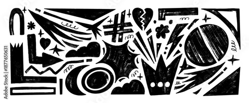 Hand-drawn ink brush abstract geometric shapes with crayon texture featuring arrows, triangles, and playful geometric elements in black for creative design. Vector naive charcoal pattern background.