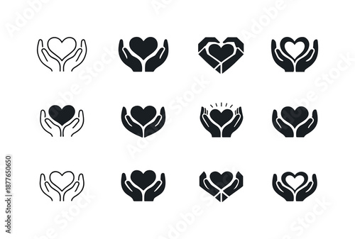 Grateful Heart Icons. grateful heart. Icon set. Set Logo of grateful heart: hands holding heart. harmonious logo variations of the same emblematic concept,