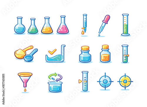 Colorful Volumetric Tools Icons. Volumetric Tools. Colorful flat vector icons set of Volumetric Tools: volumetric flasks set, burette, pipette, graduated