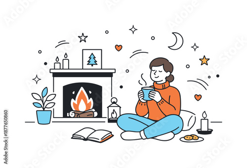 Cozy Fireplace Glow. Warm winter evening. A person enjoying the glow of a fireplace while sitting peacefully nearby. Seasonal comfort and mindful rest with