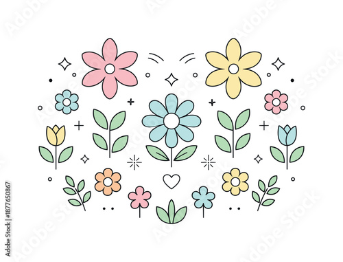 Pastel Symmetrical Bloom. Pastel spring background. Simple geometric flowers and leaves arranged symmetrically, creating a balanced and soothing visual rhythm.