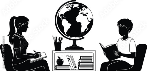 Students studying with books and globe, education and learning concept, school children reading, knowledge and study, classroom scene, vector illustration, black and white