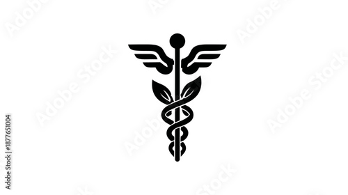 Black and white medical symbol. Features rod with wings, entwined snakes, and leaves. Simple design