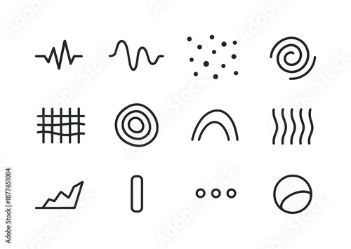 Sound Icons Grid. Abstract shapes and colors representing sound. Line icon set of abstract shapes and colors representing sound: pulse lines, tonal waves,