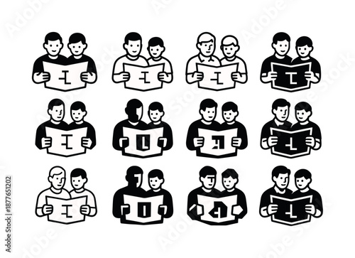 Father-Son Logo Variations. A father and son working together on a home improvement project. Icon set. Set Logo of A father and son working together on a home