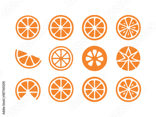 Fruit Logo Variations. Fruits. Icon set. Set Logo of fruits: orange slice. harmonious logo variations of the same emblematic concept, each with different