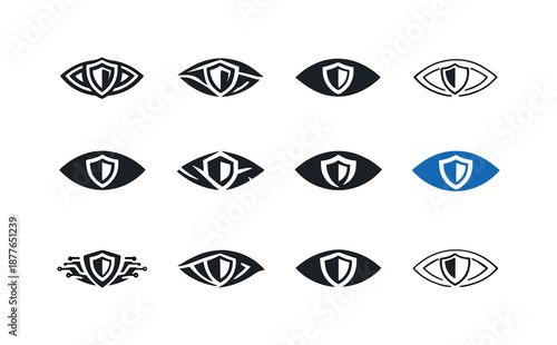Cybersecurity Logo Icons. Cybersecurity. Icon set. Set Logo of cybersecurity: eye with shield (anti-surveillance). harmonious logo variations of the same