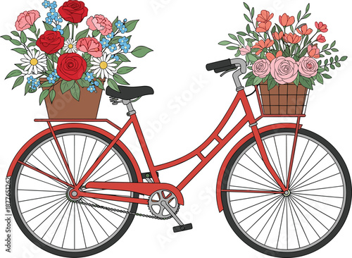 Vintage red bicycle with flower baskets, floral decoration concept, romantic spring ride, gardening and cycling lifestyle, cute illustration, flat vector design, isolated