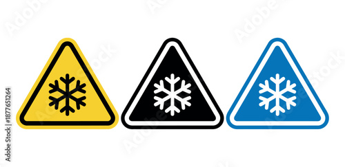 Cold Warning Signs icon collection featuring snowflake alert symbols for low temperature safety
