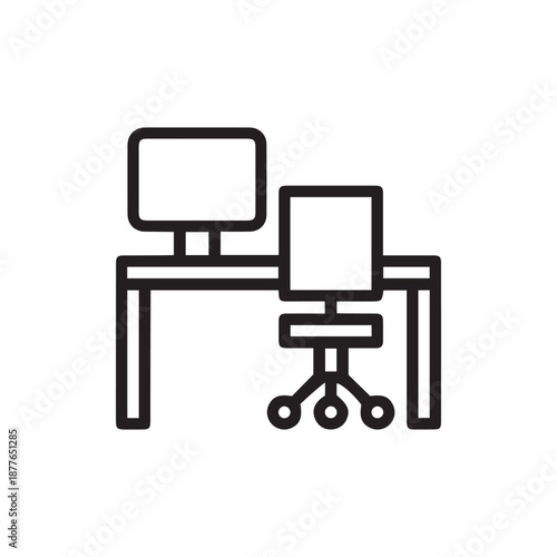 Office desk, computer and chair furniture outline icon. linear style sign for mobile concept and web design. Workspace simple line vector icon. Workplace symbol, logo illustration. Vector graphics 
