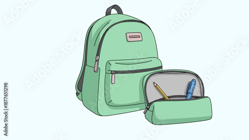 Green backpack and pencil case with school supplies on white background.