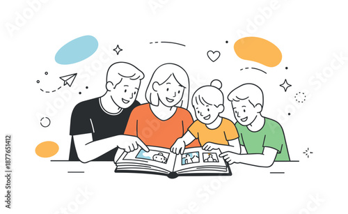 Family Photo Memories. Family looking through photo album. Family members sitting together and flipping through a photo album, smiling and pointing