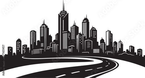 City Skyline with a Winding Road at Nighttime Illustration