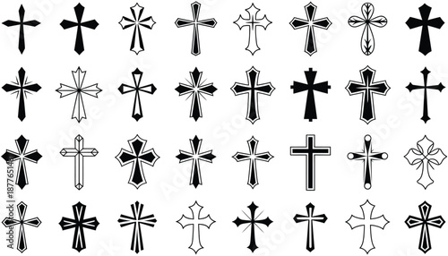 Large collection of intricate religious cross vector icons, ideal for spiritual illustrations, tattoo designs, faith symbols, religious branding, educational projects, and professional graphic resourc