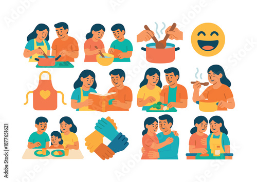 Family Cooking Icons. Cooking family moments. Colorful flat vector icons set of cooking family moments: parents cooking, kids helping, hands stirring, laughter