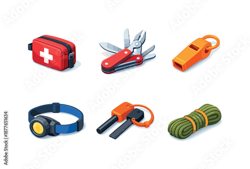 Isometric Survival Kit Icons. Survival Kit. Isometric flat vector icons set of survival kit: first aid kit pouch, multi-tool knife, emergency whistle, headlamp